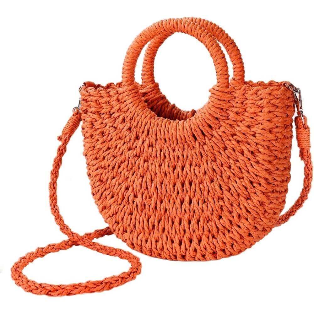 Woven Straw Beach Bag for Womem Top Handle Orange Crossbody and Shoulder Strap